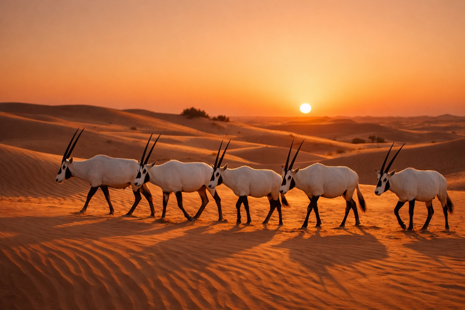 Arabian Oryx herd on desert dunes at sunrise, demonstrating successful species reintroduction programs.