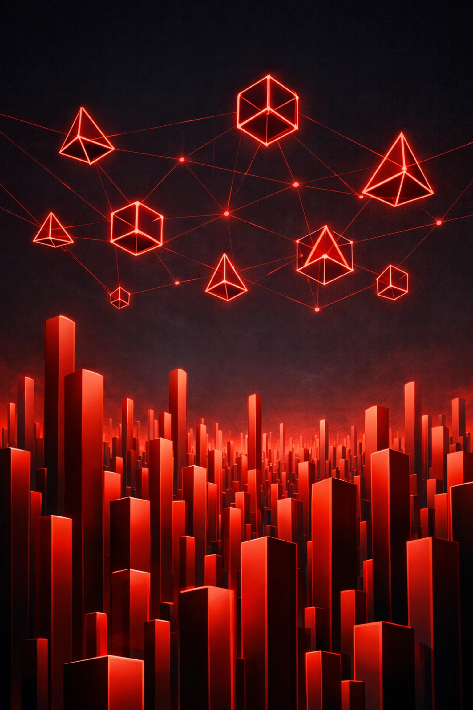 A network of glowing red pillars and icons showing a structured API for AI agent discovery.