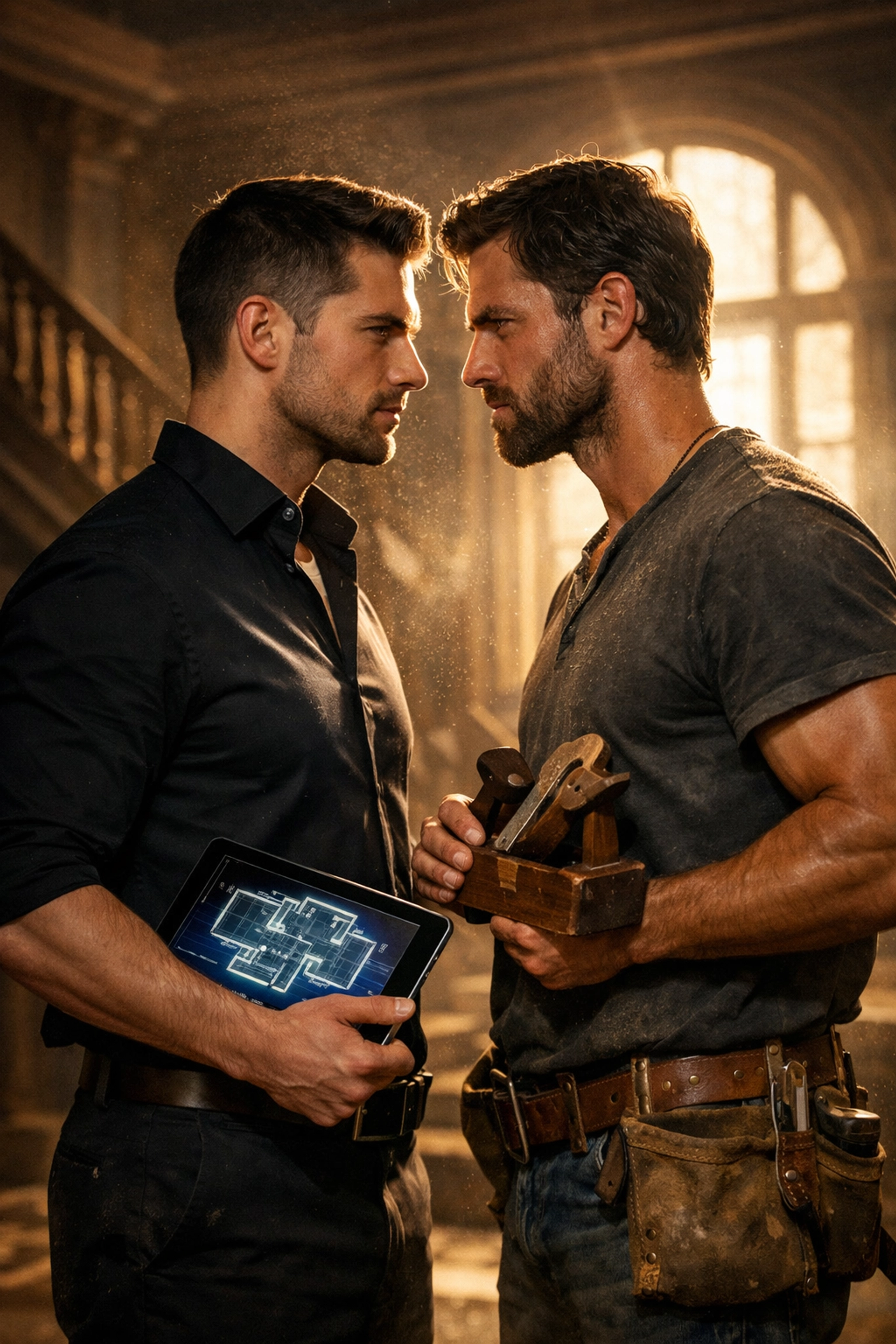 Two rival contractors in a tense standoff inside a house renovation, a classic enemies-to-lovers MM romance trope.