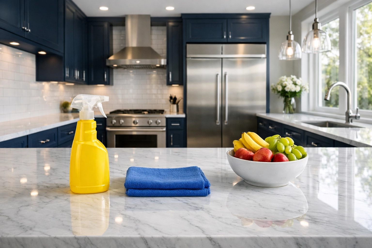 A spotless kitchen with marble counters and blue cabinets following professional weekly house cleaning Maynard.