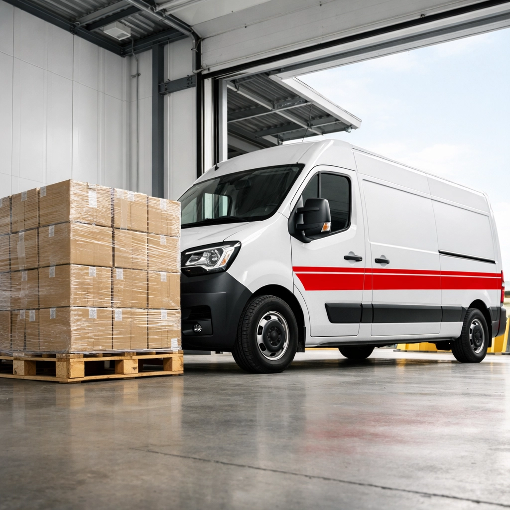 Delivery vehicle loading palletised goods in a Hertford warehouse for distribution to London and Enfield.