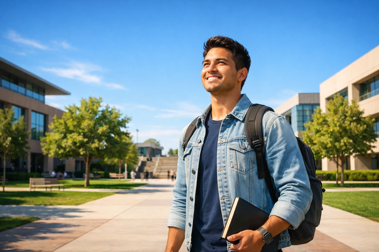 A confident young Christian student standing on a sunny university campus, ready for evangelism and ministry.
