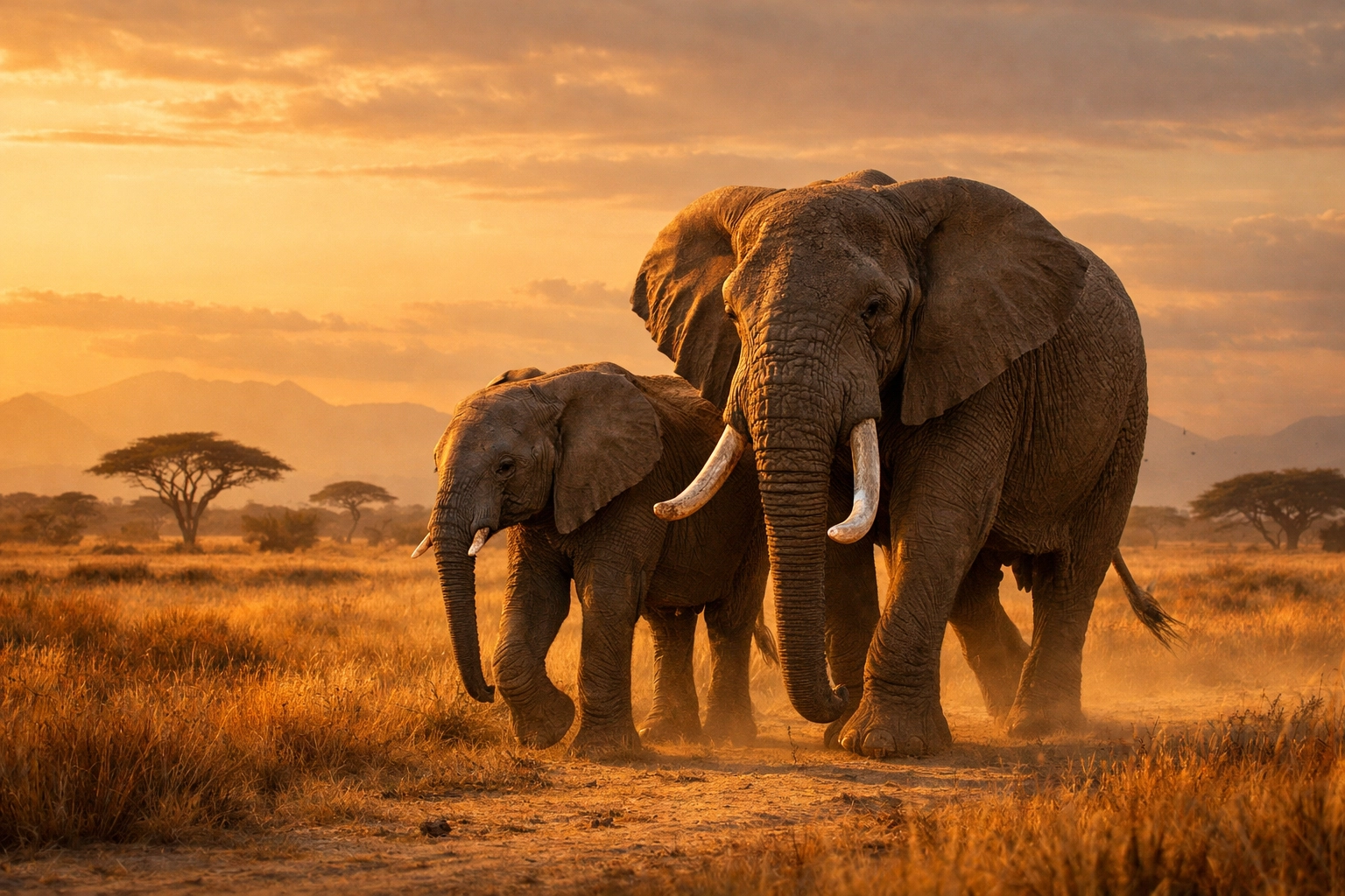 Younger male elephant walks with an older bull mentor, reflecting a strong social alliance.
