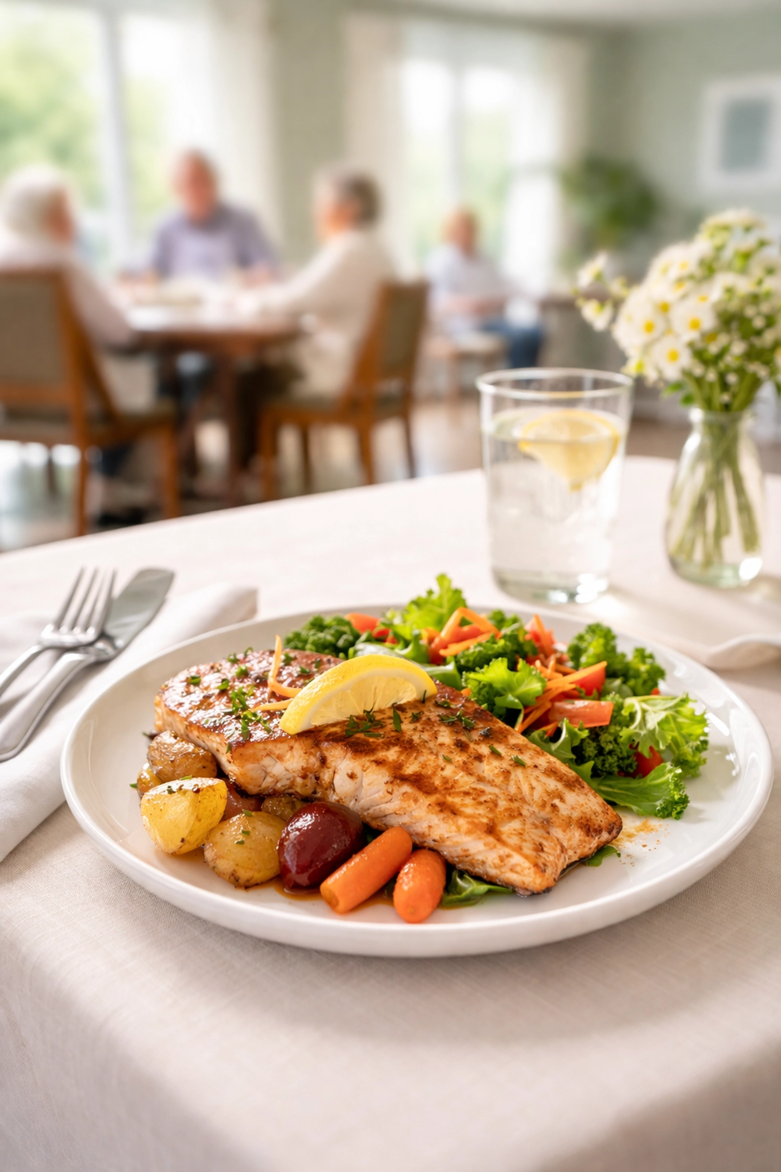 Chef-prepared meal in a Sarasota assisted living dining room, highlighting included dining options