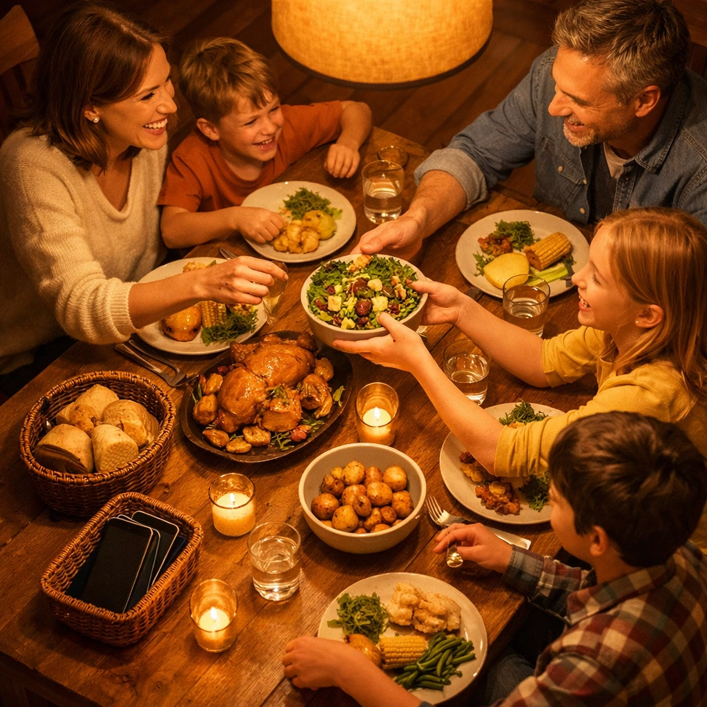 Family dinner table with phones put away showing connection and presence without screens