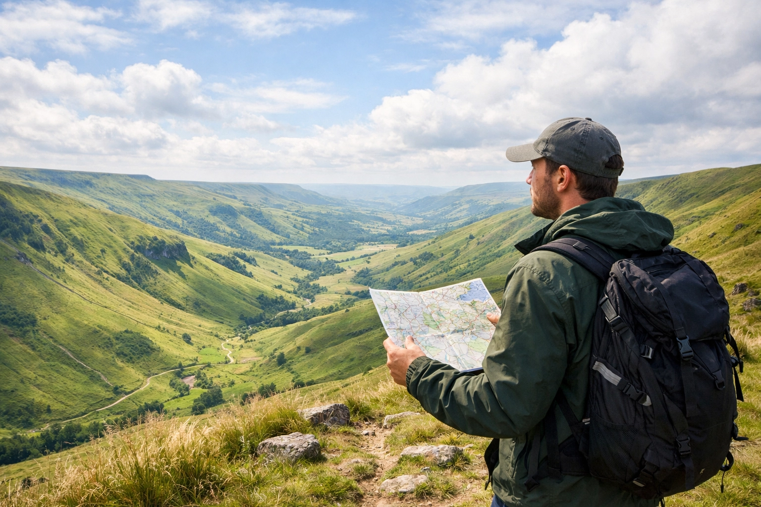 A hiker using a map to navigate the Peak District during a wild camping guided UK experience.