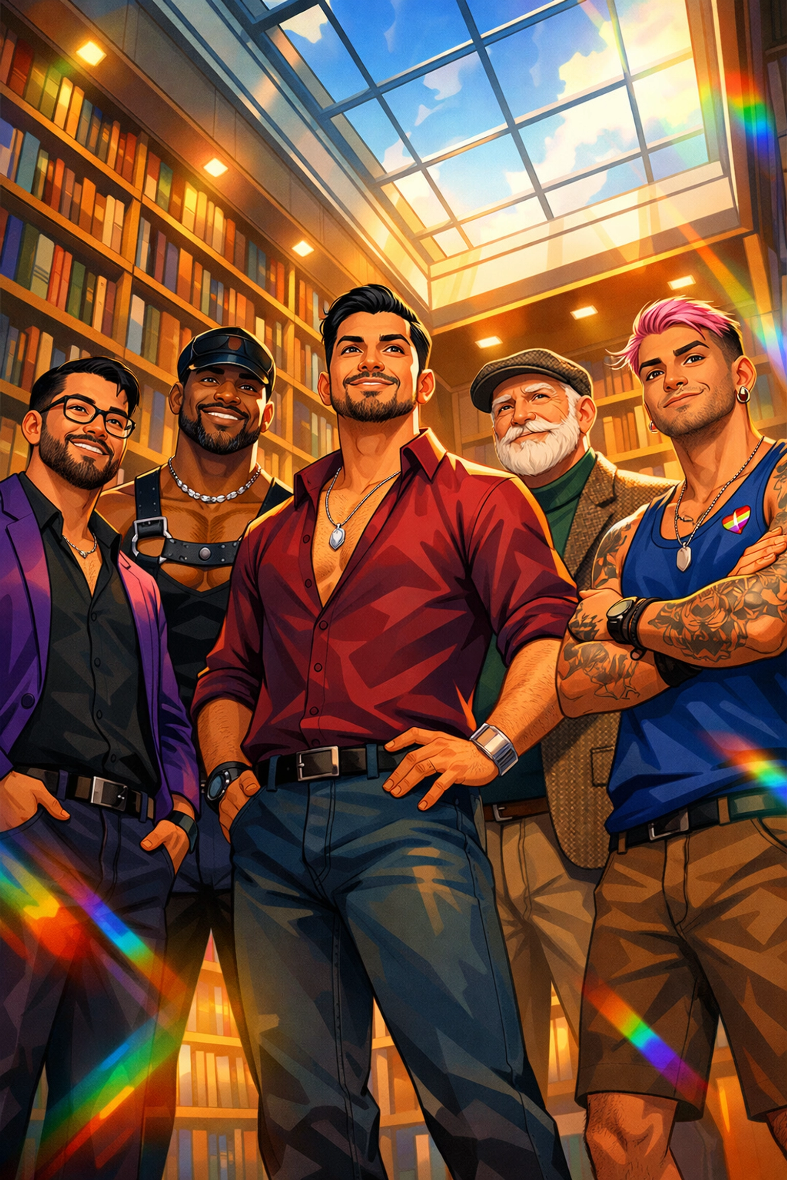 A diverse group of gay men in a library, symbolizing the inclusive community of LGBTQ+ fiction authors and readers.