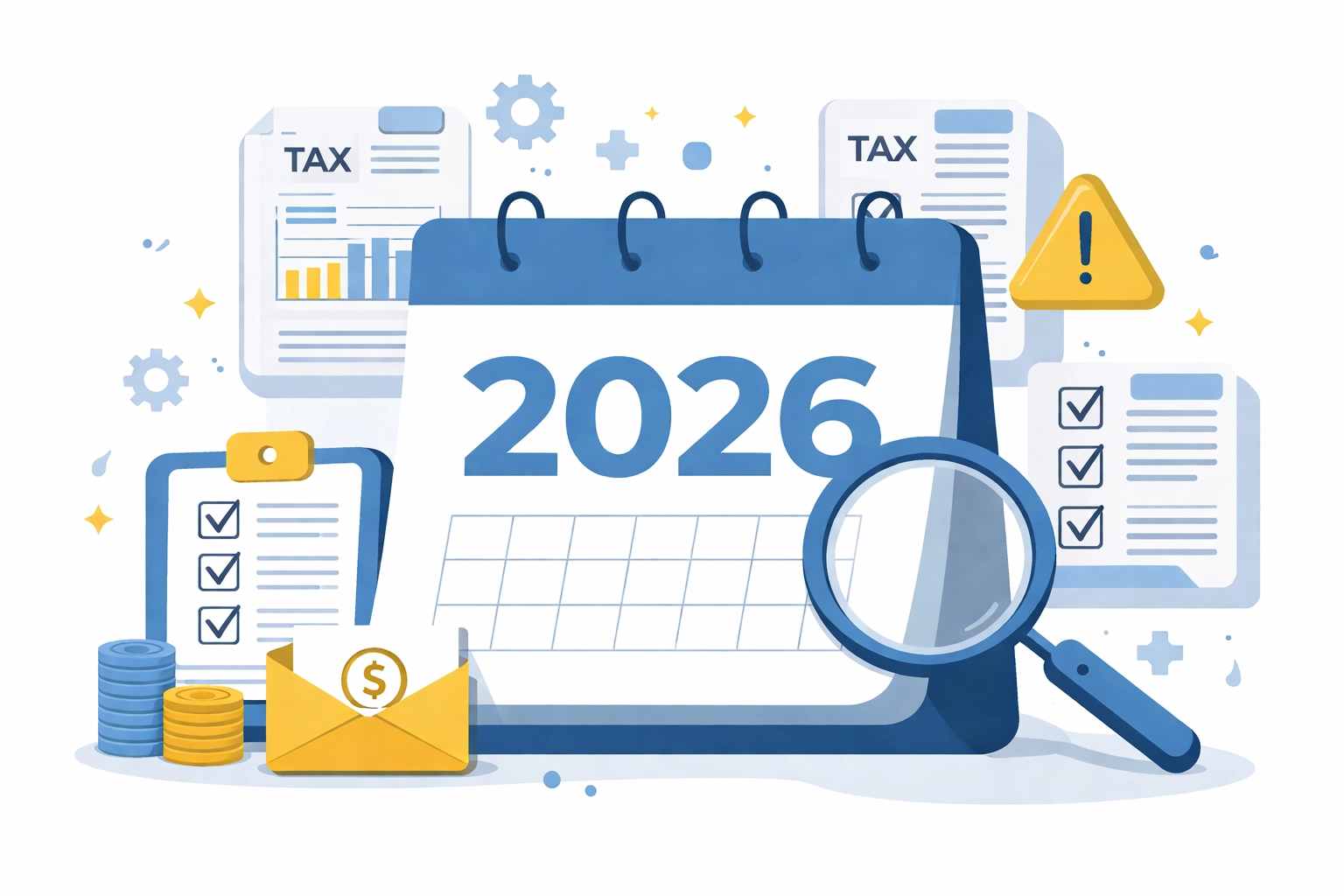 Calendar with tax icons and a magnifying glass, illustrating evolving 2026 tax regulations and compliance for New Haven returns