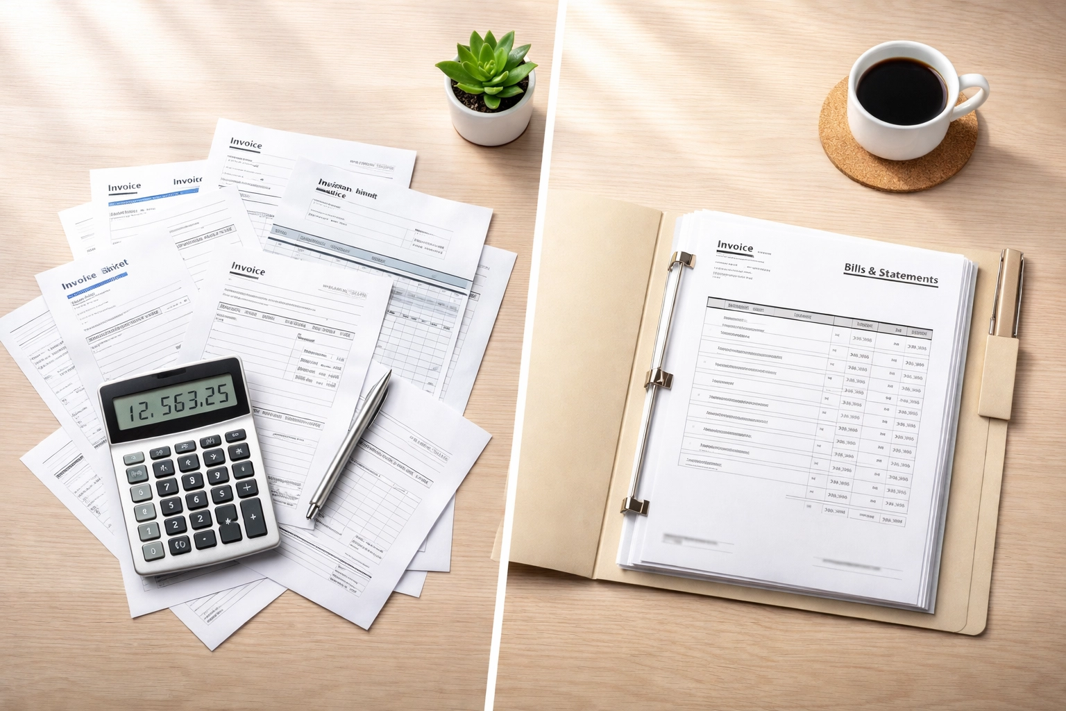 Organized workspace with bills, calculator, and coffee highlighting tax-deductible mortgage interest strategies