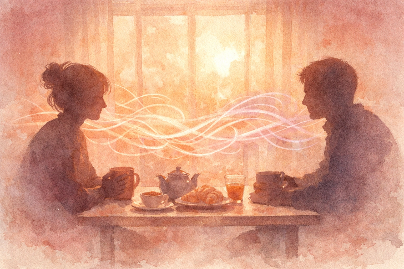 Couple at breakfast table with emotional tension despite love and physical closeness