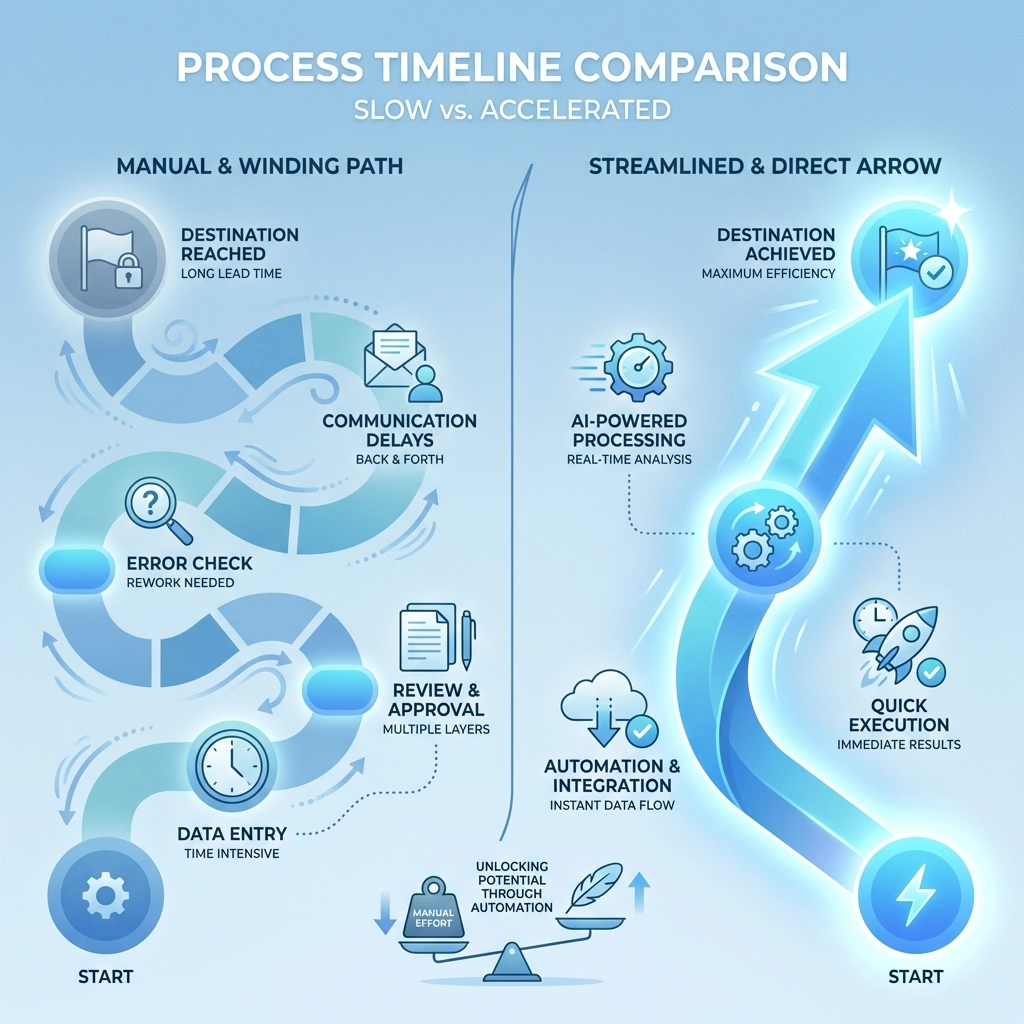 Comparison of slow manual supplier onboarding vs. fast AI-powered vetting process in UK procurement.
