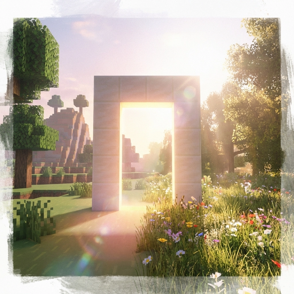 Doorway bridging a pixelated Minecraft world and a real sunlit meadow, symbolizing choosing reality over escapism