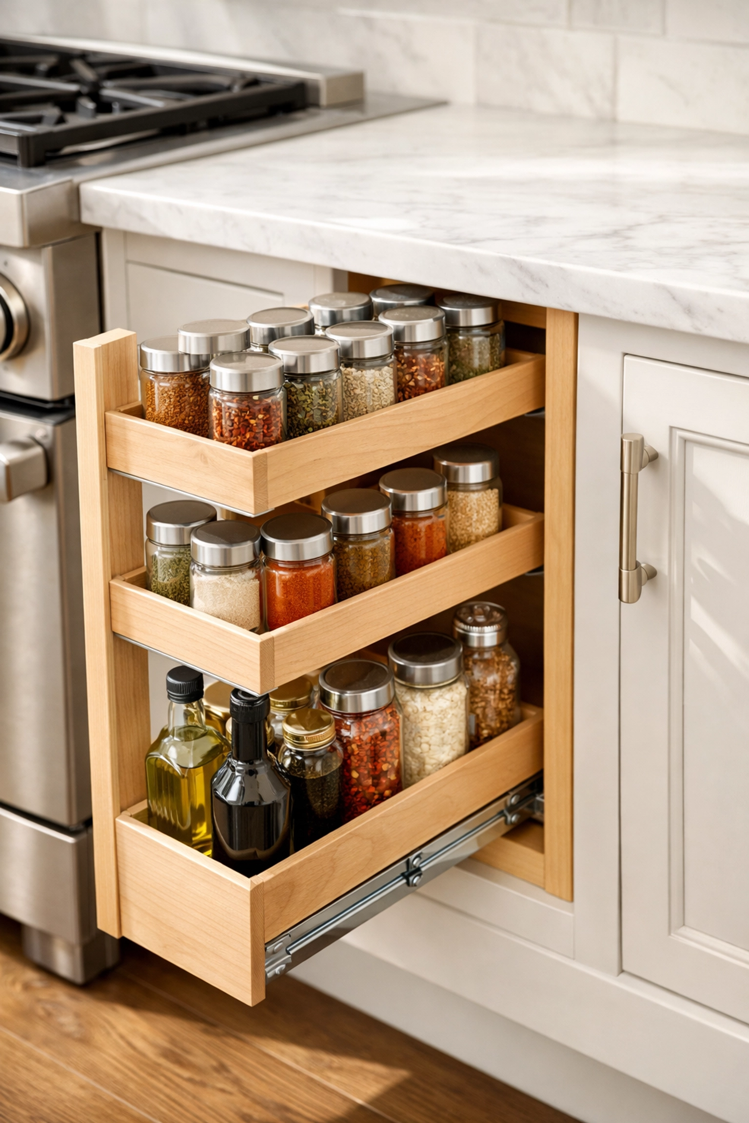 Custom kitchen cabinet pull-out spice rack made from handcrafted light maple wood.