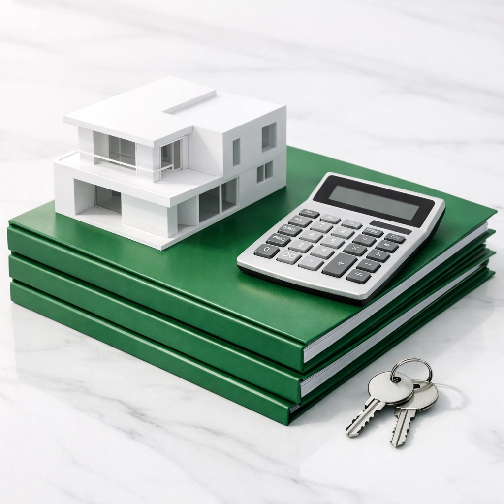 A calculator and house model showing the math behind scaling a rental empire with DSCR loans.