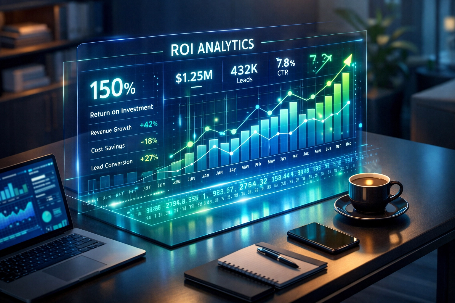 ServiceNow ROI dashboard displaying real-time metrics and financial returns in modern office