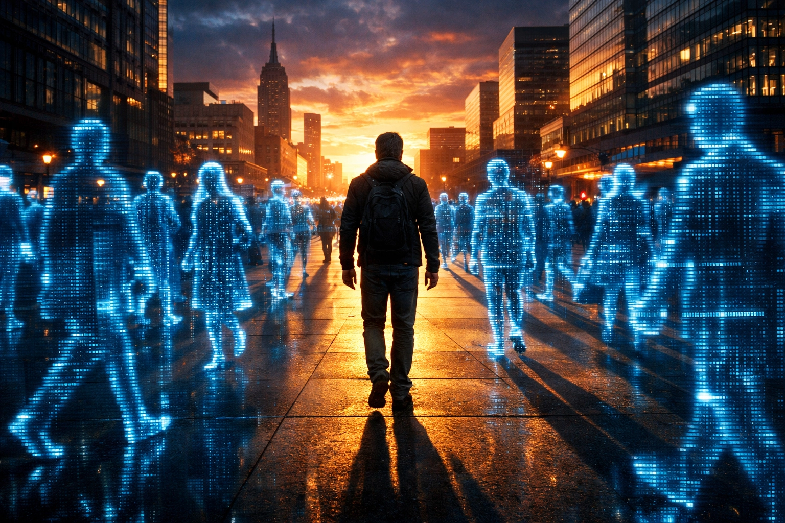 A lone human walking through a crowd of digital bot silhouettes representing the dead internet theory.