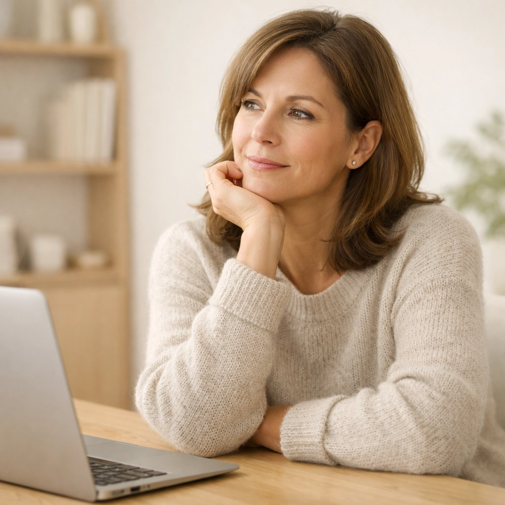Professional woman in her 40s reflecting on career performance and perimenopause brain fog in a bright office.