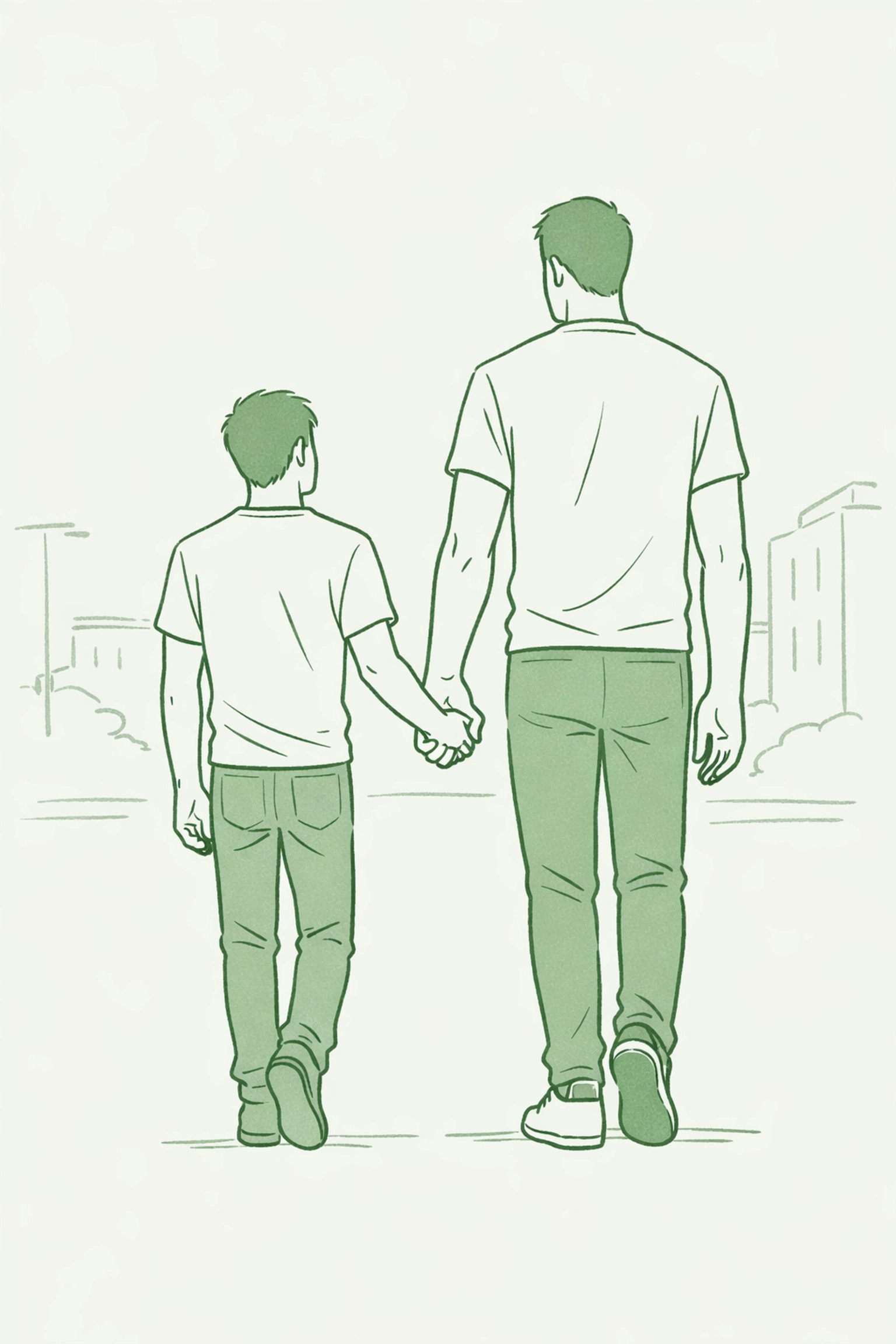 Gay couple with dramatic height difference holding hands, bodyguard protecting partner