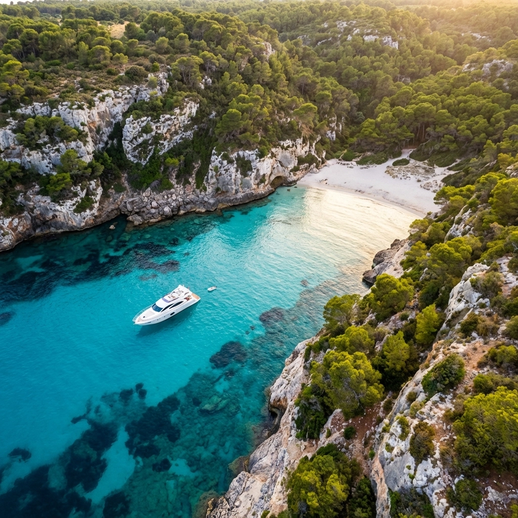 Aerial view of a luxury yacht in a hidden Mallorca cove with turquoise waters and dramatic cliffs, emphasizing Mediterranean exclusivity.