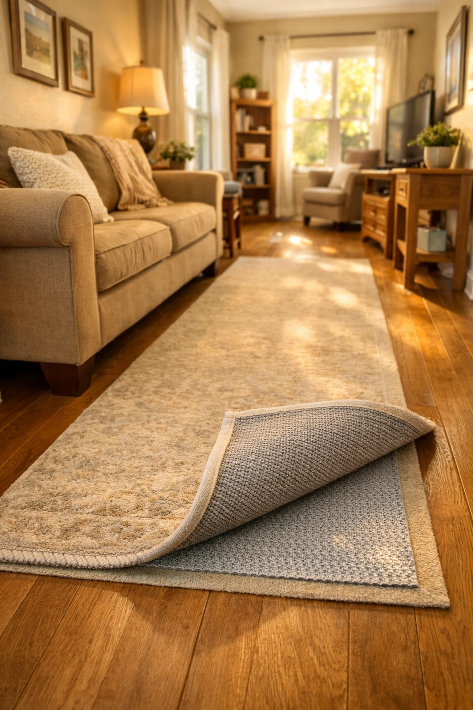 Safe living room with clear pathways, secured non-slip rug, and clutter-free floor for fall prevention