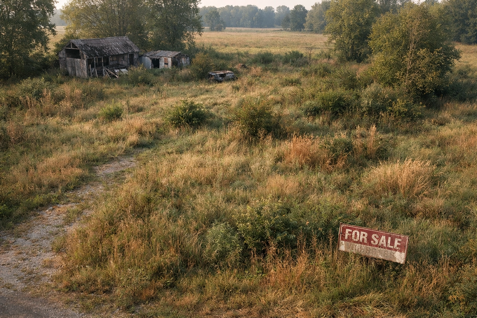 Overgrown neglected Indiana inherited land with for sale sign showing costs of waiting to sell