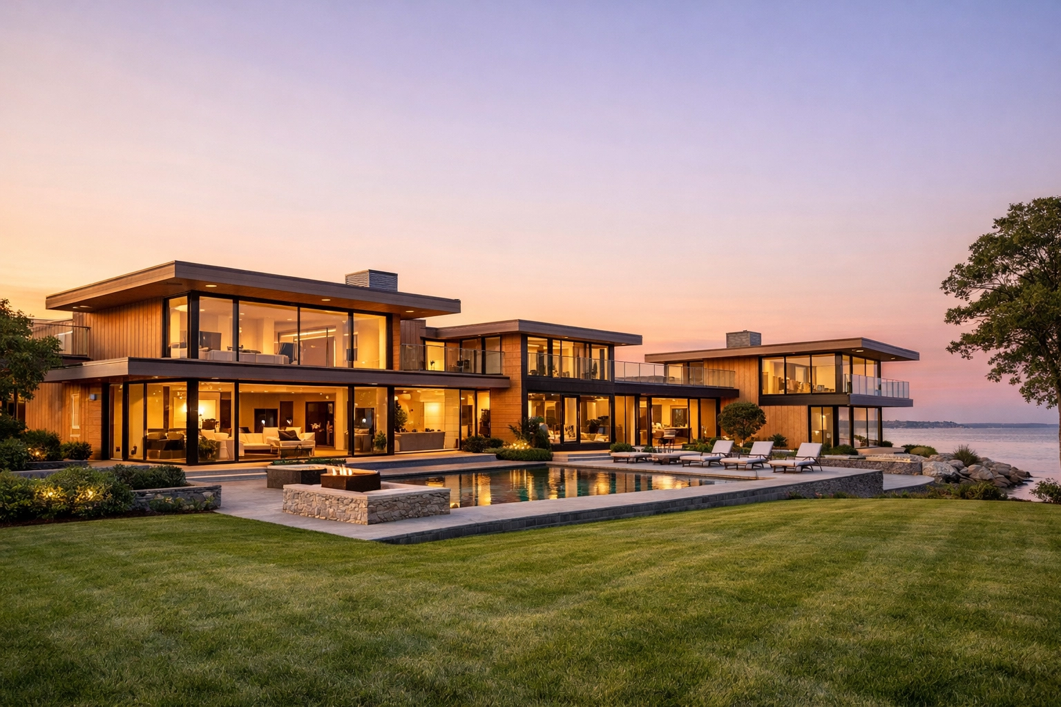 Modern luxury waterfront estate in Connecticut at golden hour, highlighting high-value asset protection.