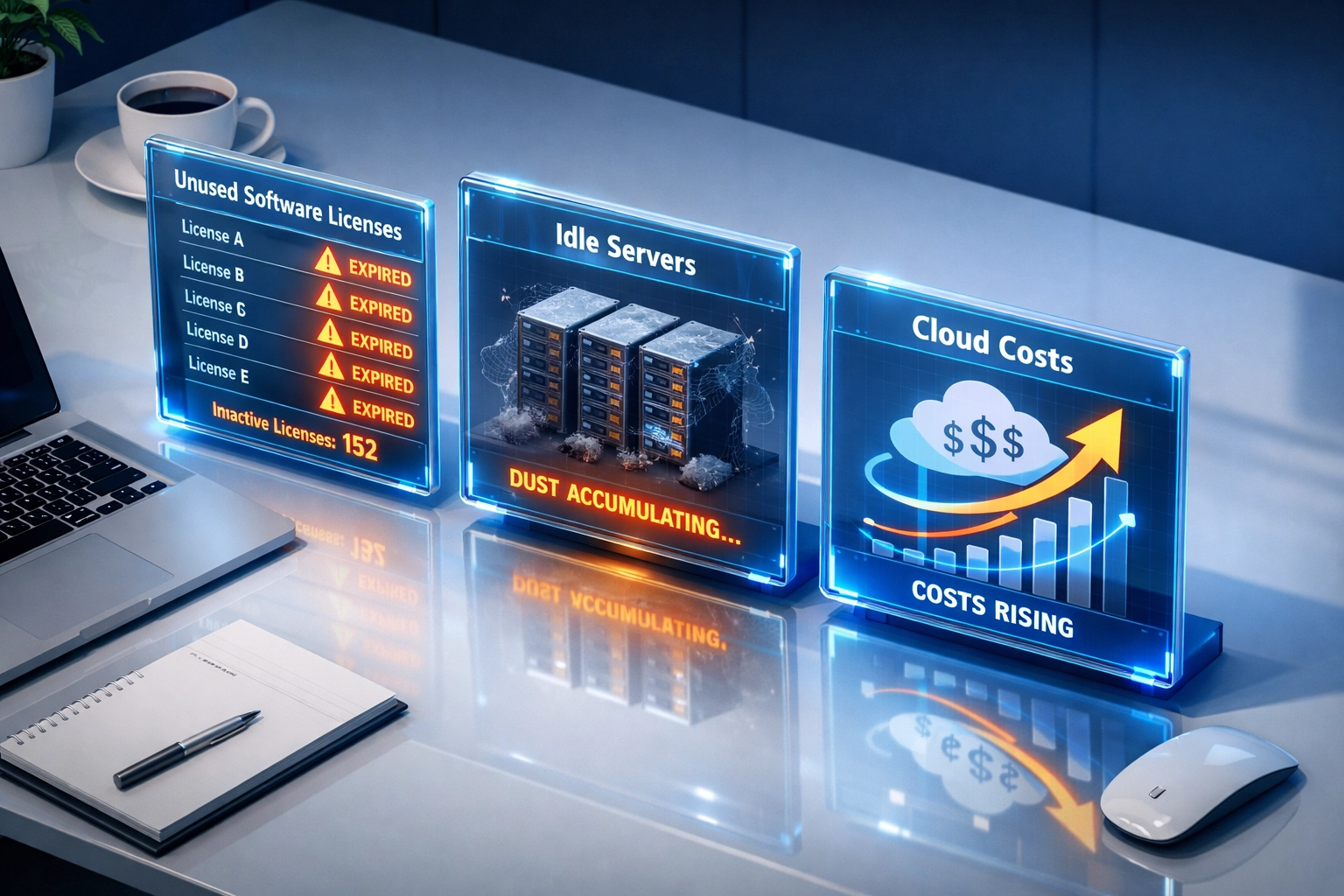 ServiceNow ITAM dashboard showing wasted IT budget from unused software licenses and idle infrastructure