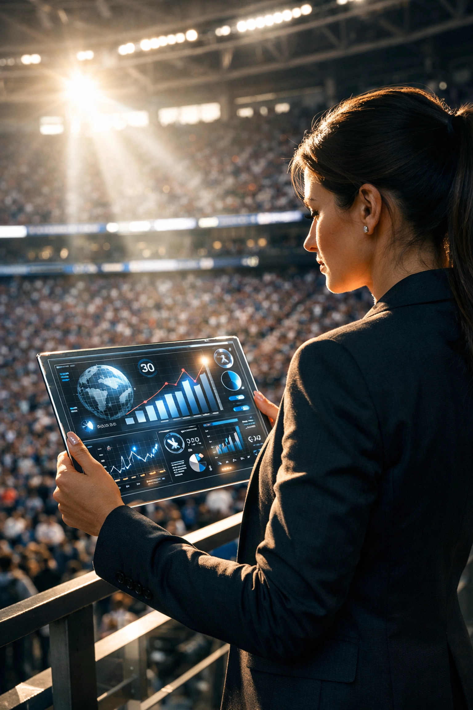 Professional woman using a digital tablet at Super Bowl LX to track fan engagement and marketing trends.