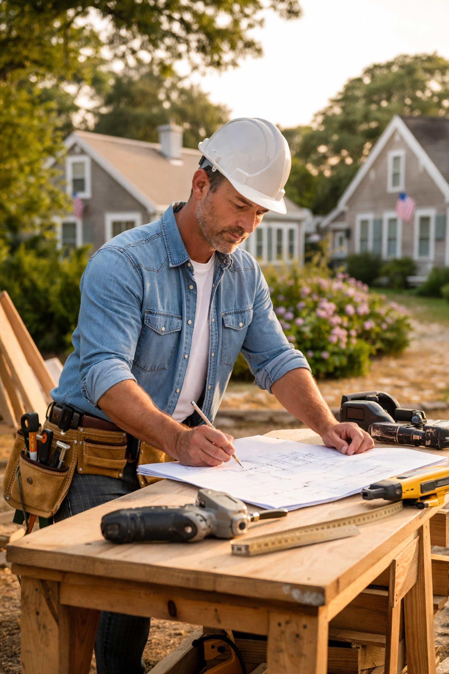 Cape Cod contractor in hard hat reviewing plans at a residential job site with cottages nearby