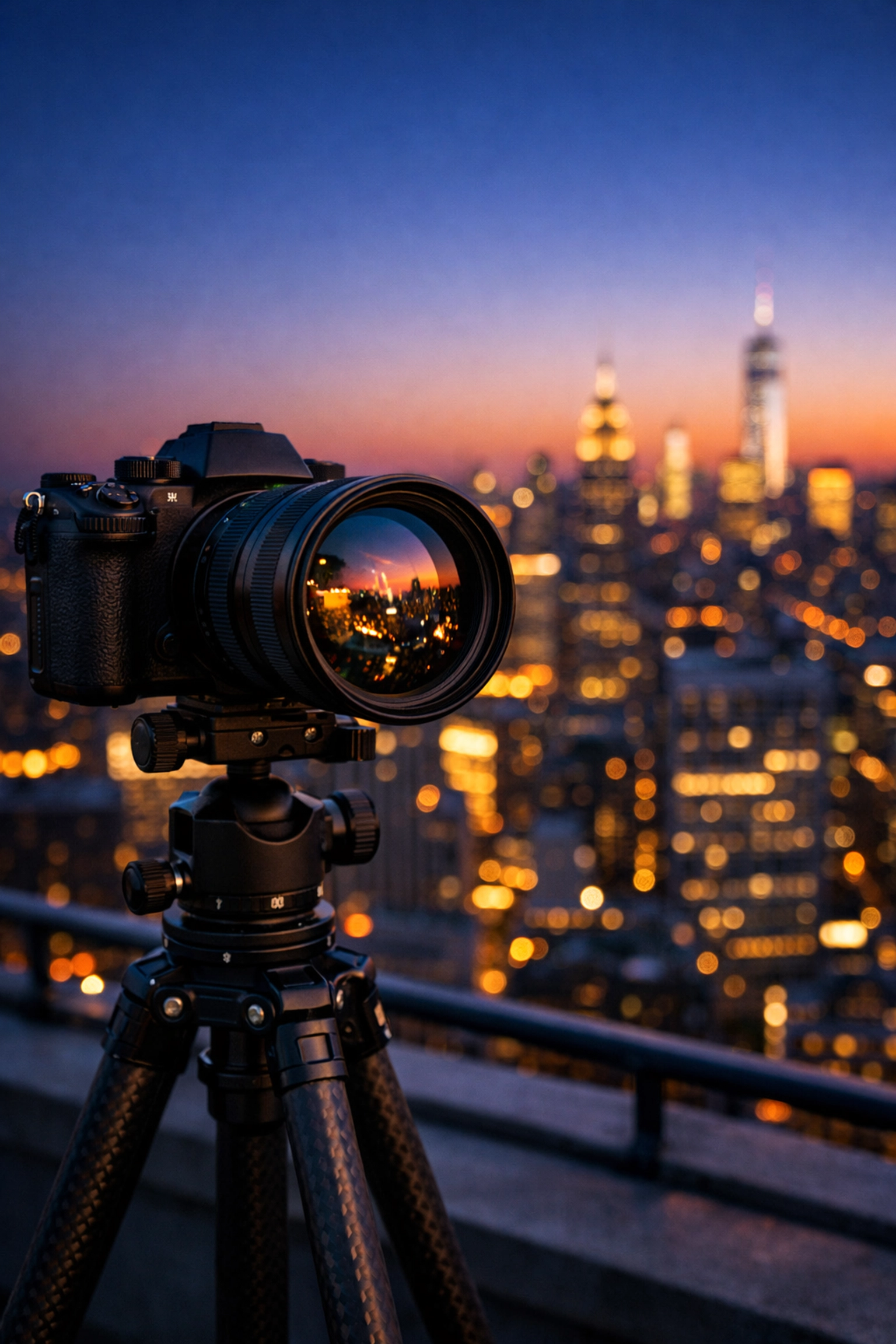 Camera on a tripod overlooking New York City at dusk, perfect for capturing the best photography locations in 2026.
