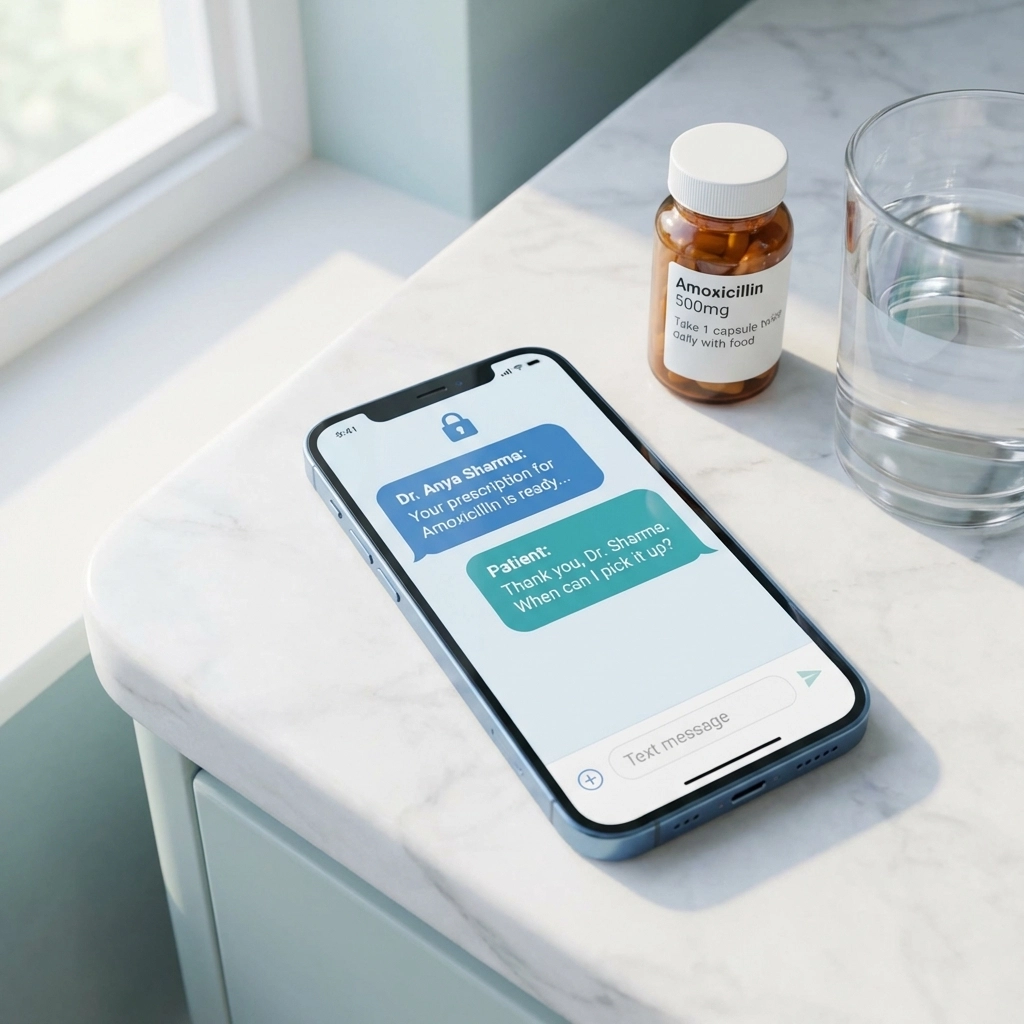Smartphone showing secure doctor-patient chat for UTI care, prescription bottle and water beside it, illustrating fast online UTI antibiotics access.
