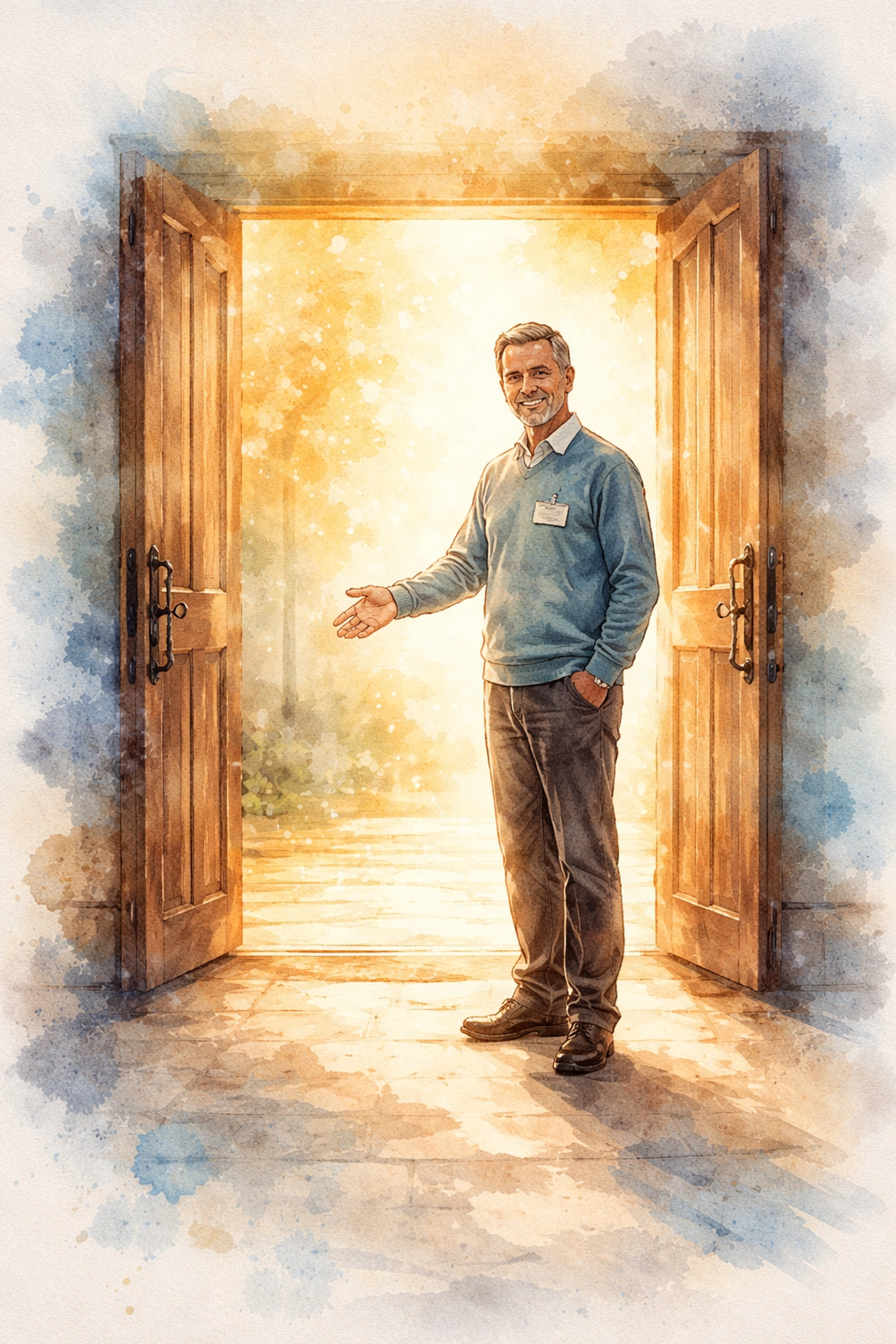 Watercolor illustration of a church greeter welcoming visitors at an open door, symbolizing safety and Christian hospitality