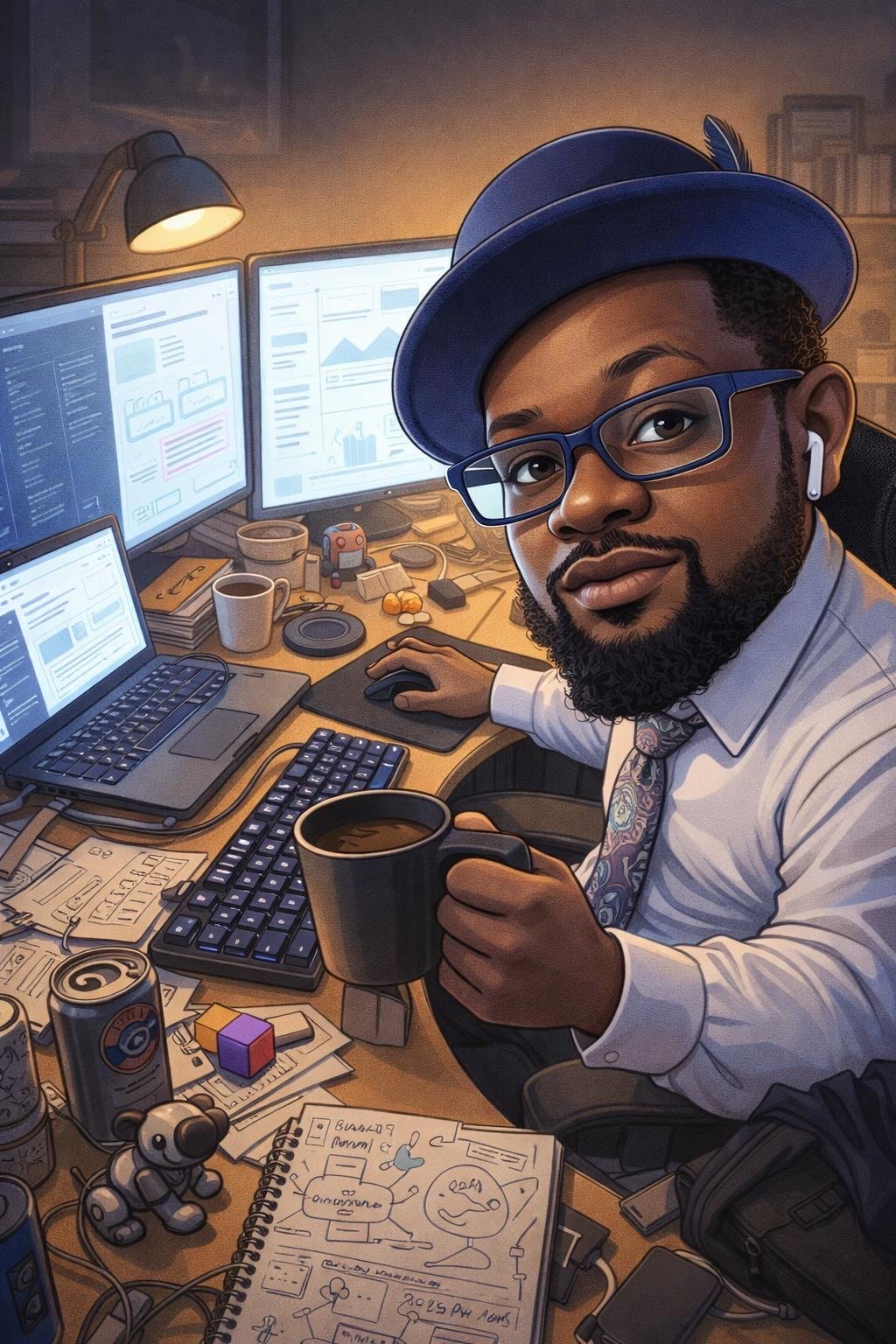 Cluttered HVAC office desk with sticky notes and tangled phones, representing dispatching chaos.