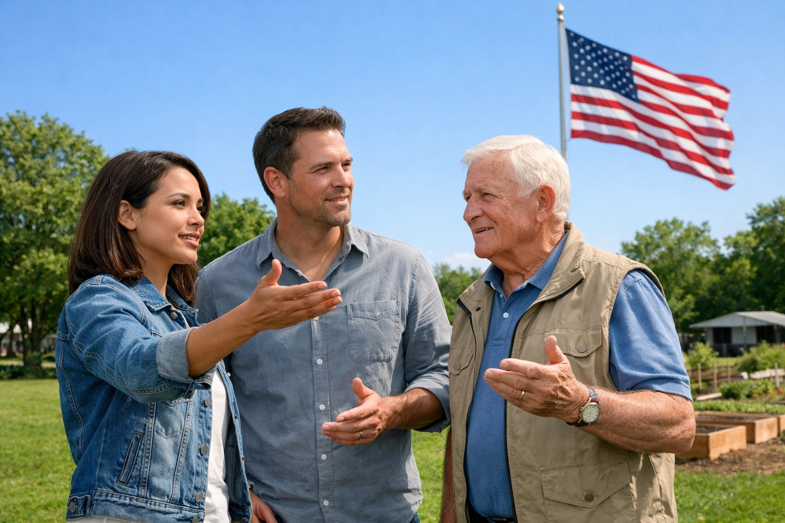 A diverse group of neighbors discussing local community projects and civic leadership in a public park.