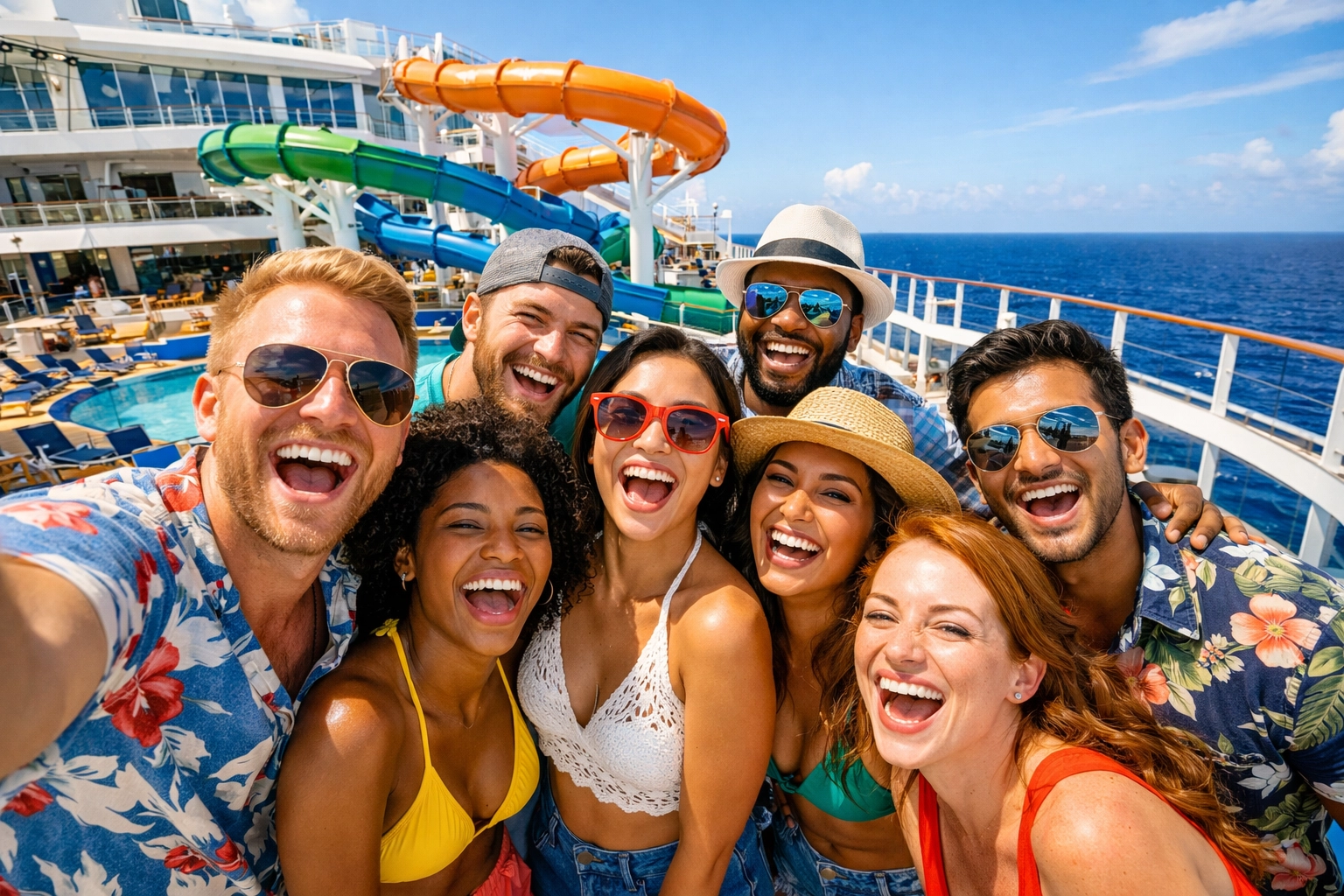 Friends enjoying a cruise vacation on a sun-drenched ship deck with waterslides and ocean views.