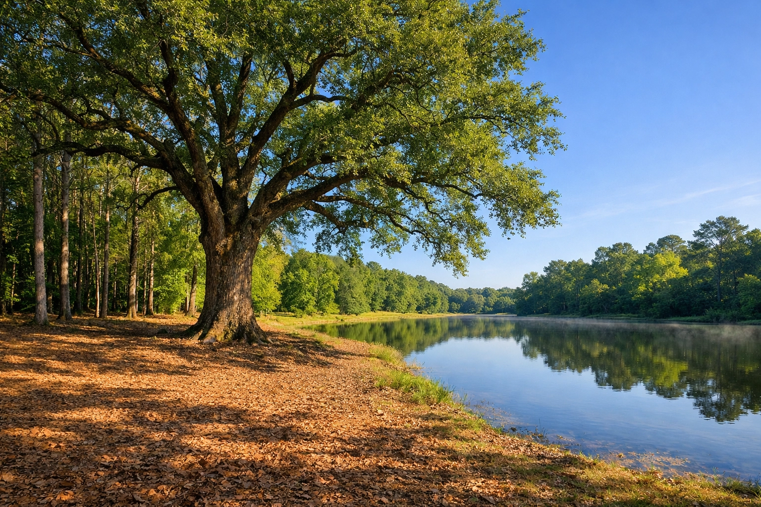Precise hand clearing around a heritage oak tree near a pond, showing low-impact brush removal results.