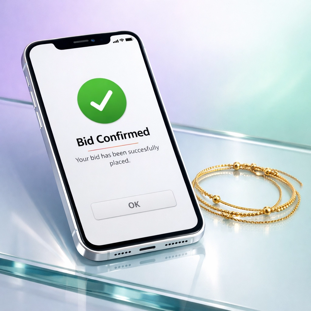 Smartphone displaying a successful bid confirmation next to a gold bracelet at an online jewelry auction.