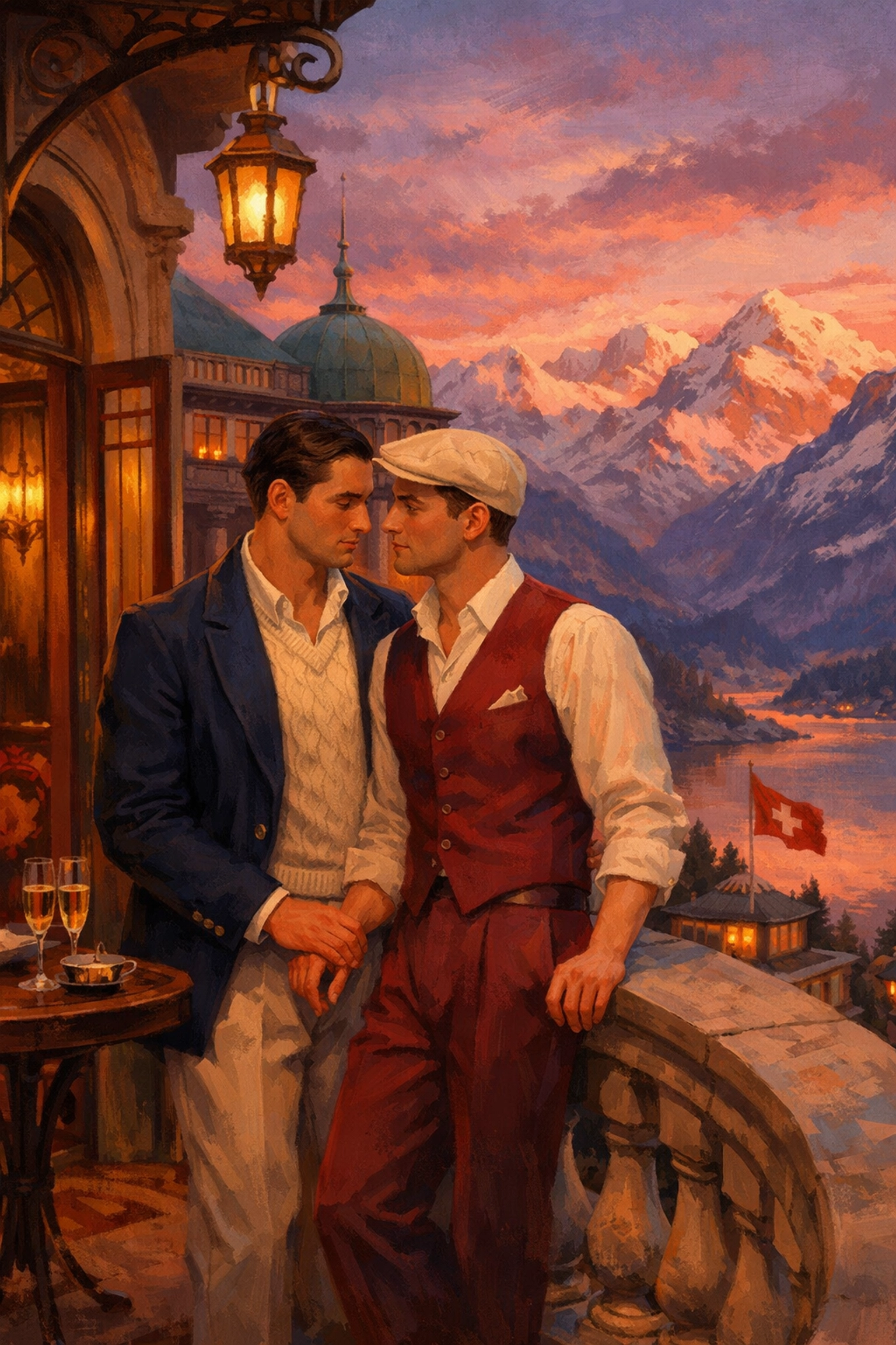 MM romance in Swiss Alps: two men find private intimacy at mountain retreat, 1920s