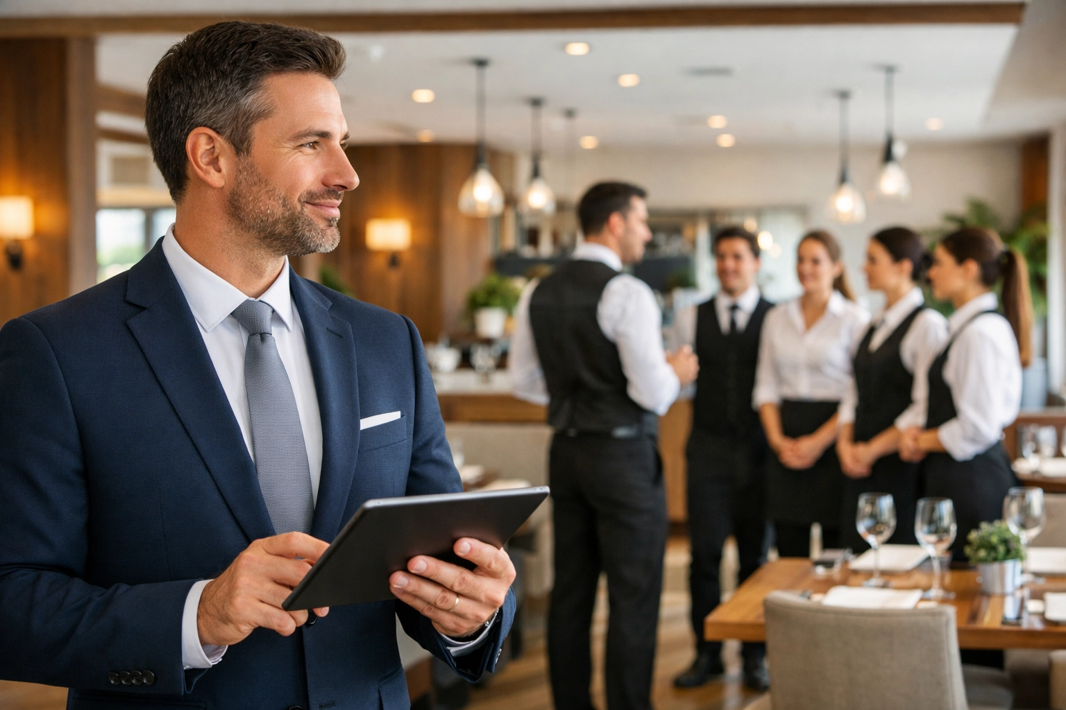 A professional restaurant manager optimizing labor efficiency and operations using a tablet in a modern dining room.