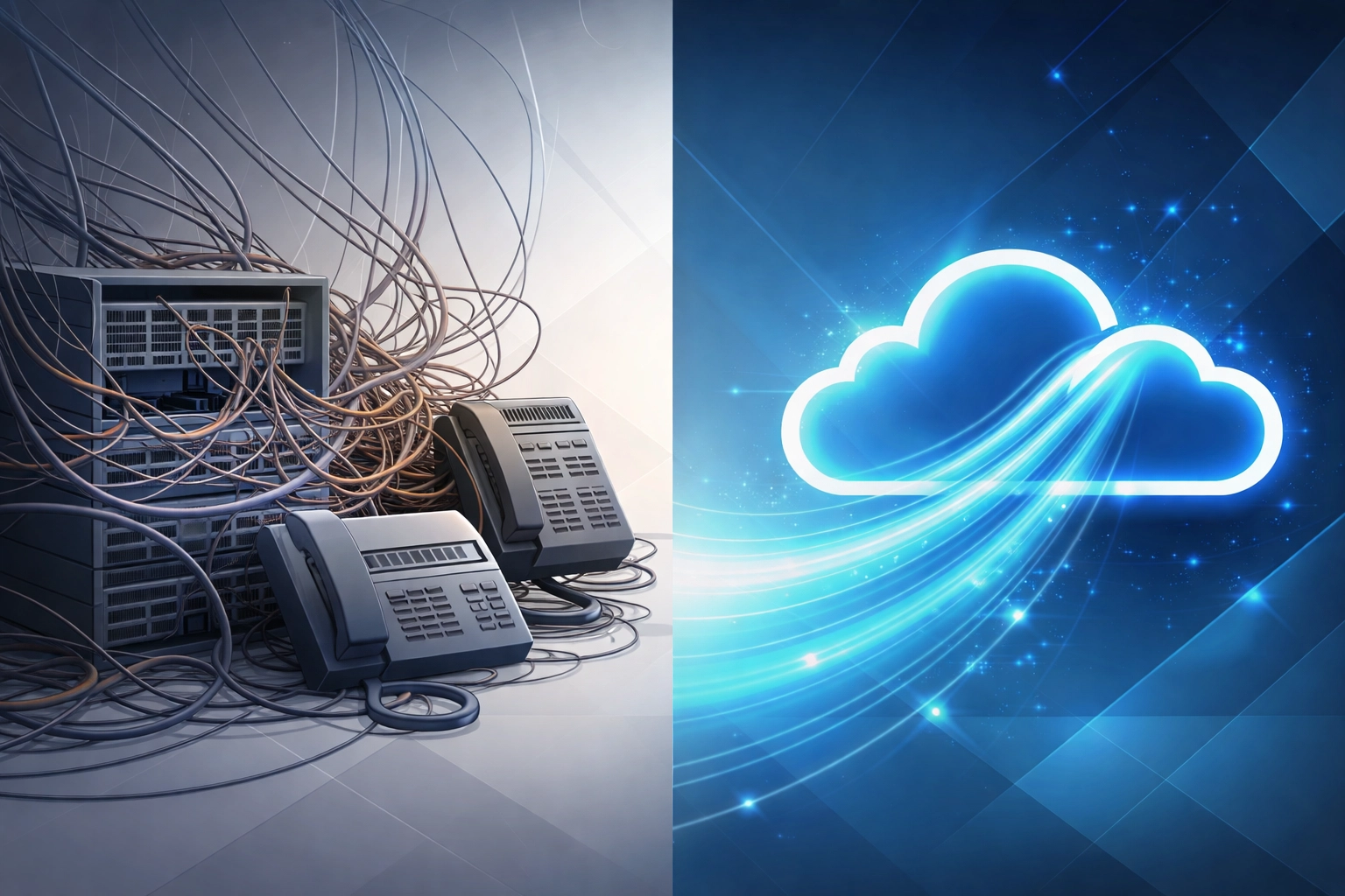 Traditional phone hardware compared to modern cloud-based VoIP unified communications system