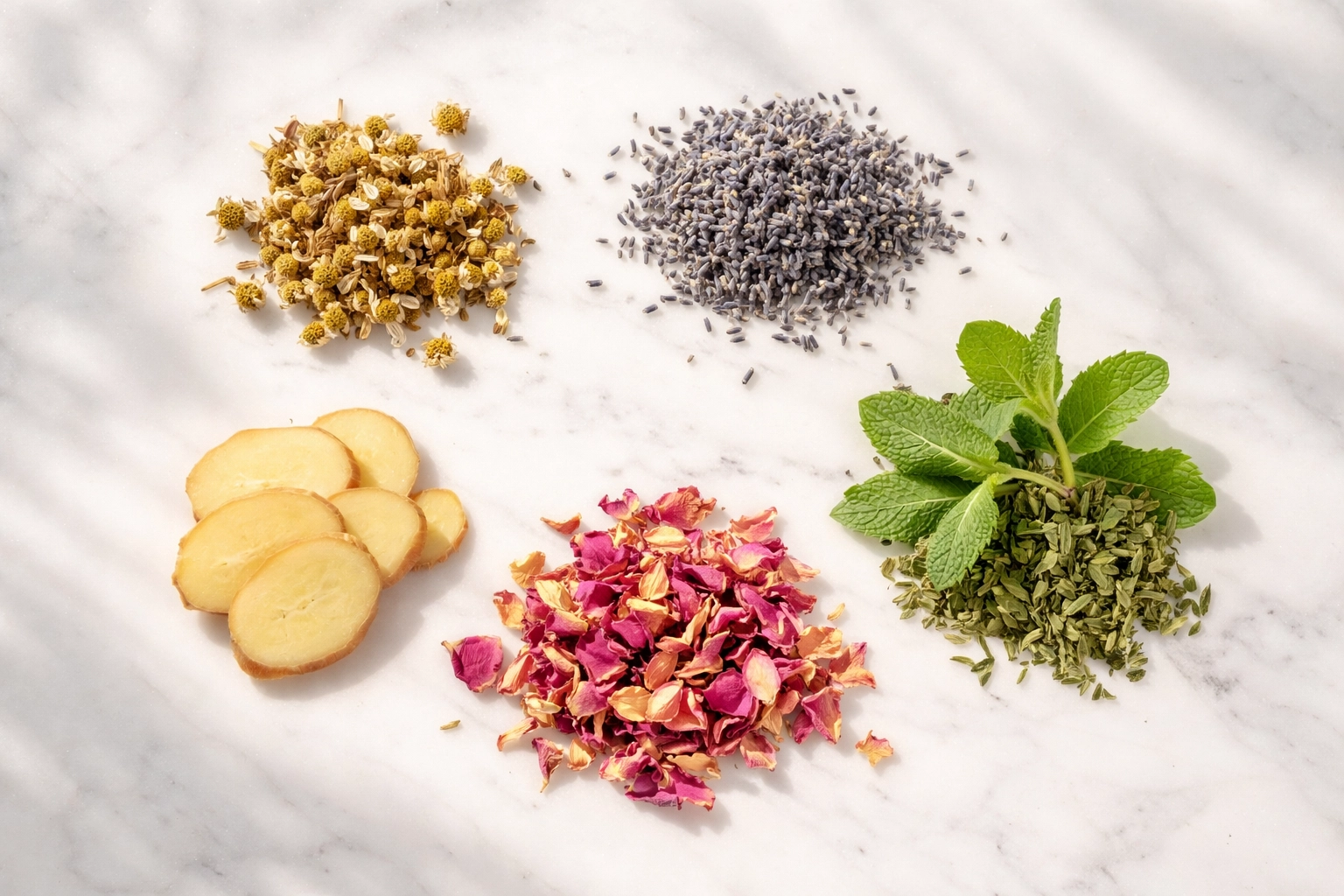 Flat-lay of loose leaf herbal tea ingredients like chamomile, lavender, rose petals, and ginger on marble