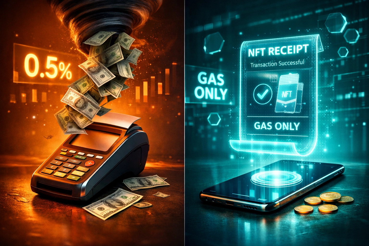 Crypto payment processor fees comparison: traditional 0.5% fees vs NFT receipt gas-only costs
