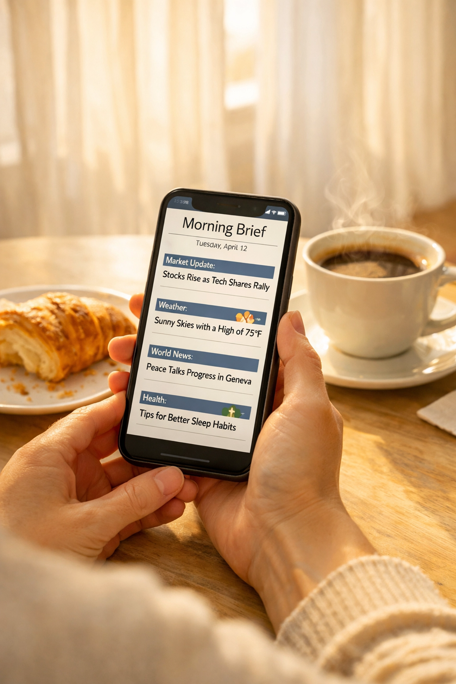 Person reading morning news brief on smartphone during peaceful breakfast routine