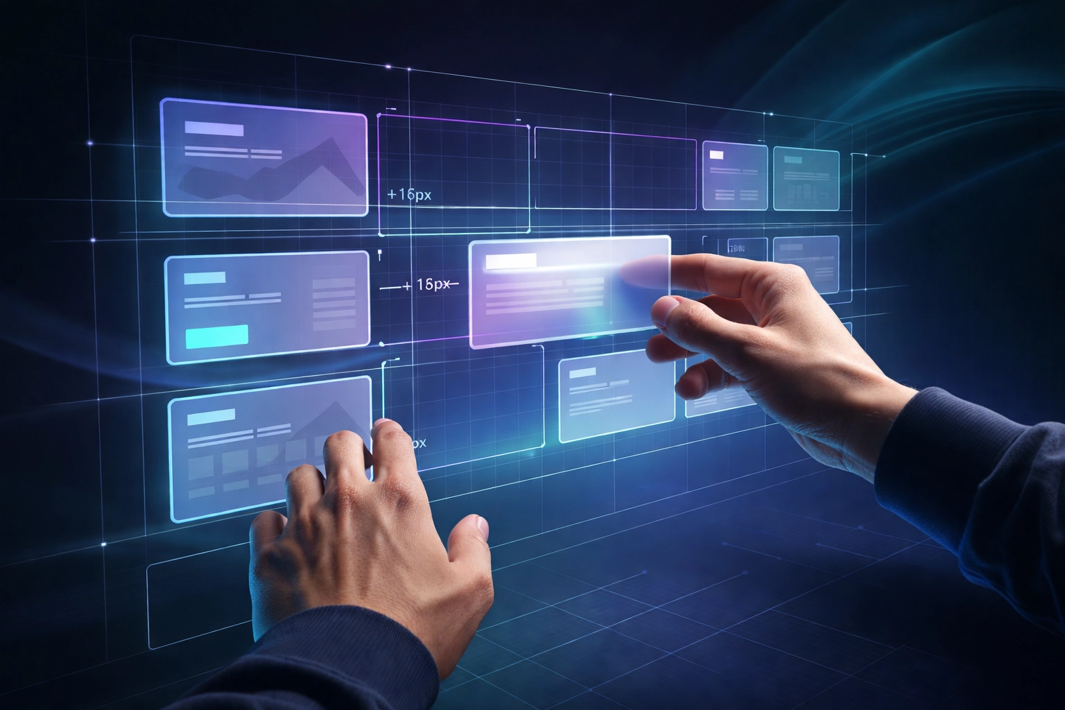 Designer arranging website layout using Wix Studio's visual CSS Grid tools for responsive and precise site design