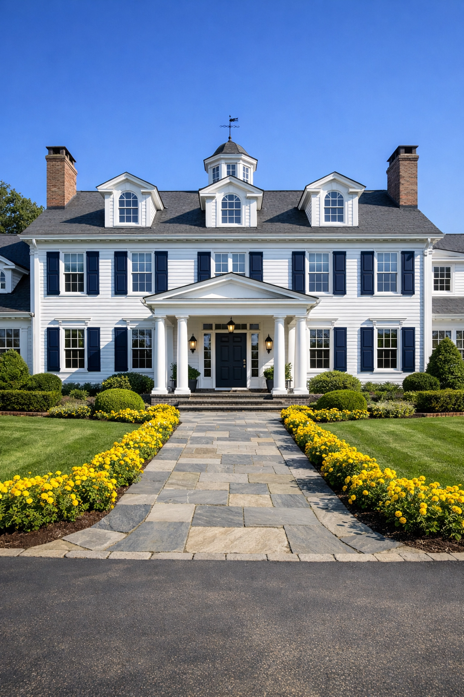 A pristine Dover colonial estate exterior maintained by professional residential cleaning Massachusetts.