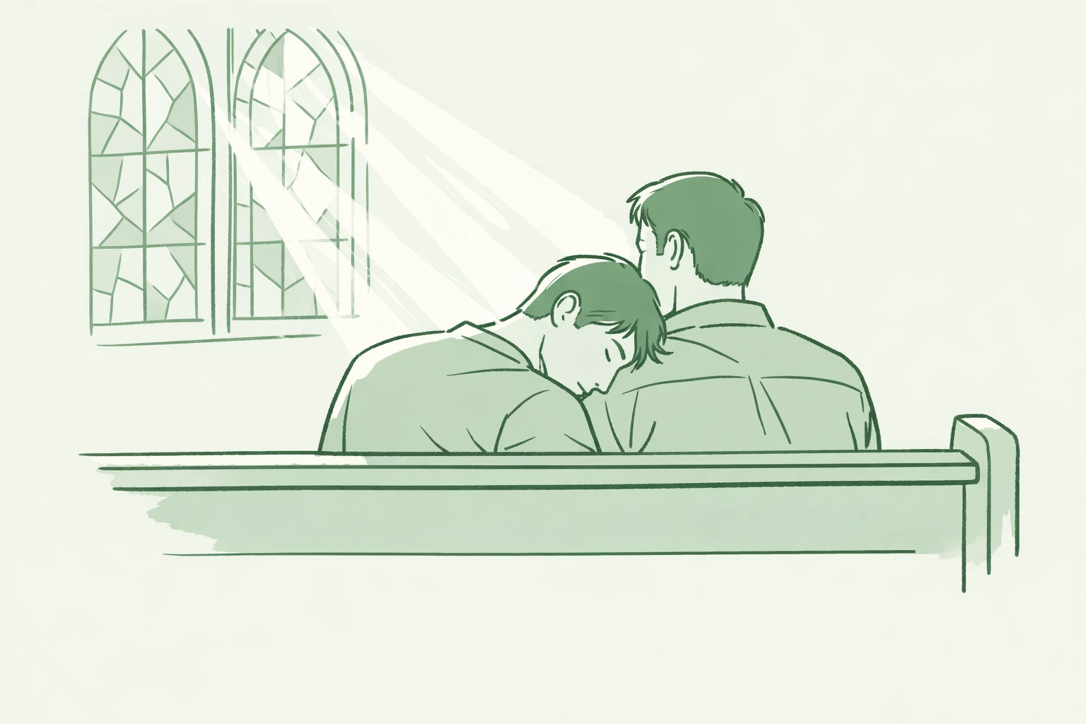 Two men share an intimate moment in church pew - MM romance exploring faith and love
