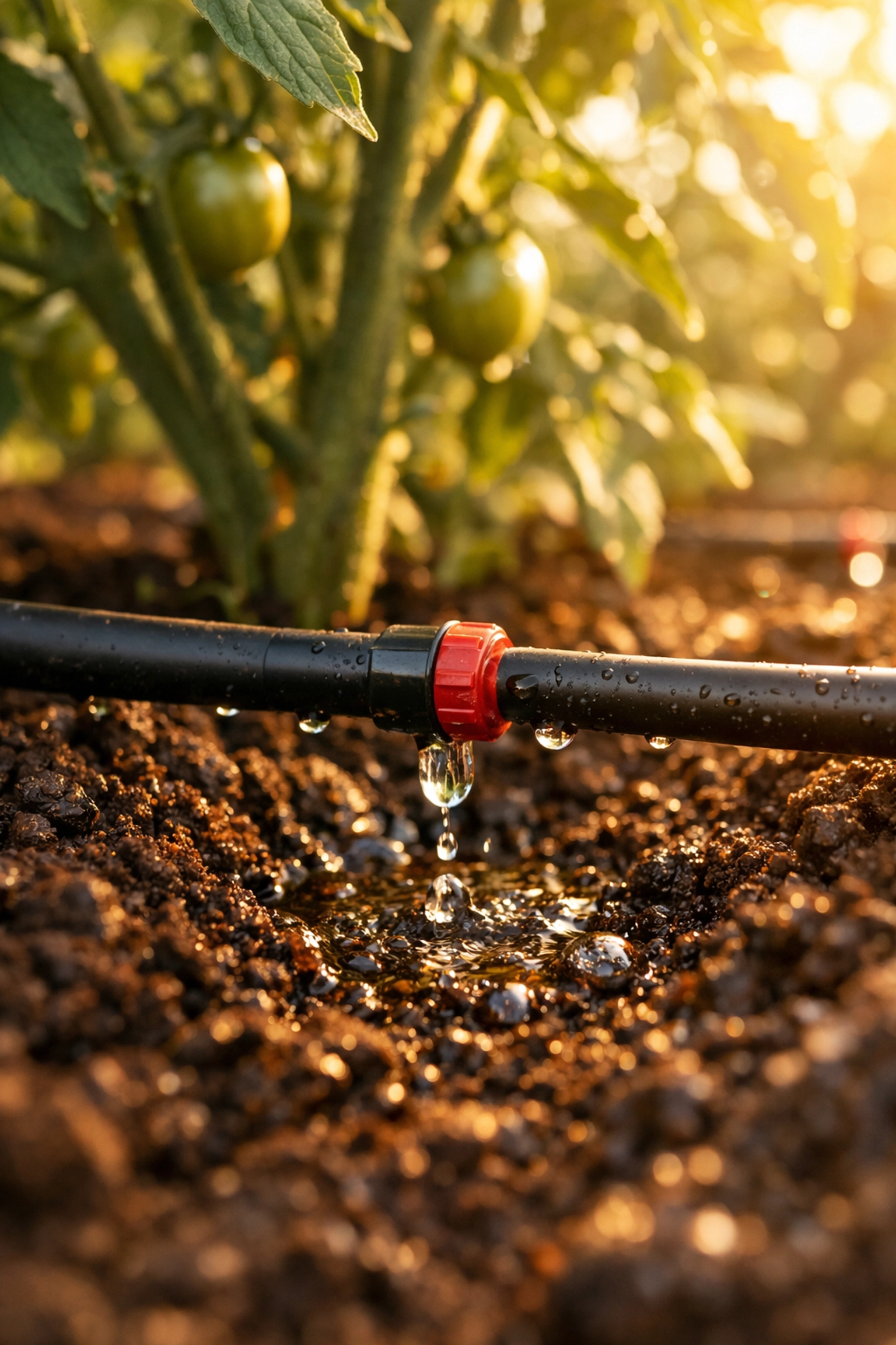 Drip irrigation emitters delivering water directly to tomato plant roots in garden soil