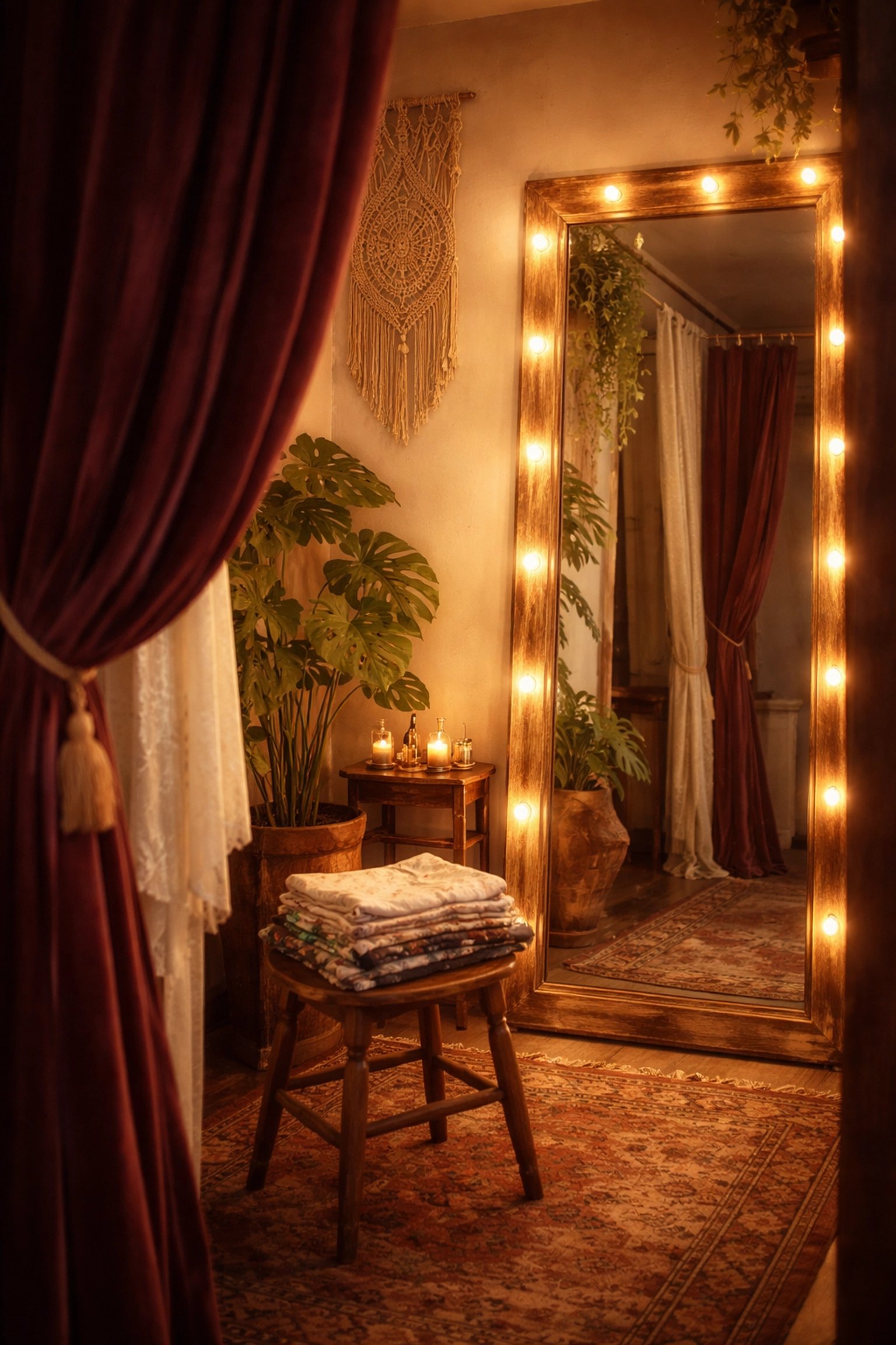 Private dressing room with velvet curtain and warm lighting in a gender-neutral vintage boutique.