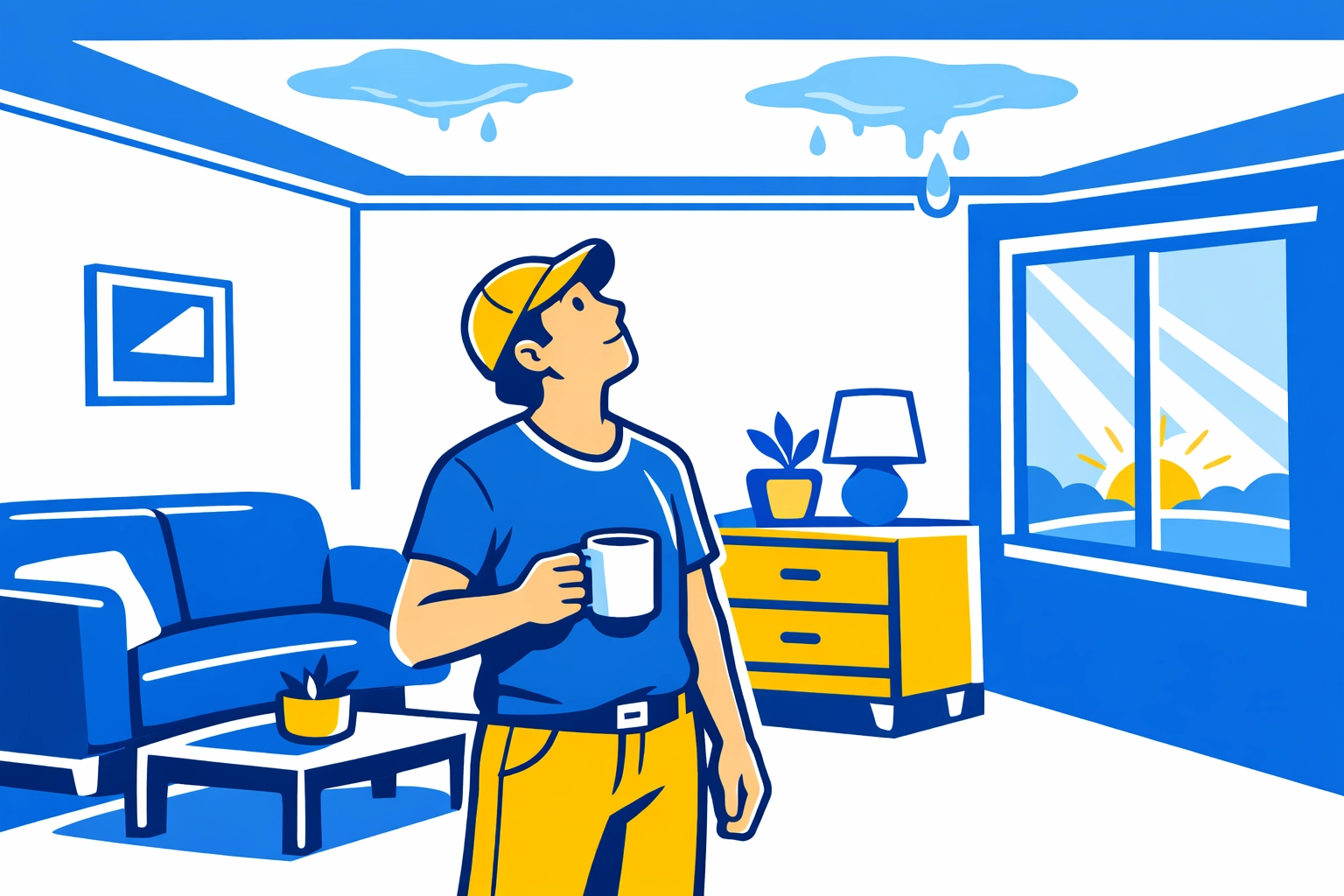 Homeowner inspecting ceiling for water damage stains during daily morning walk-through