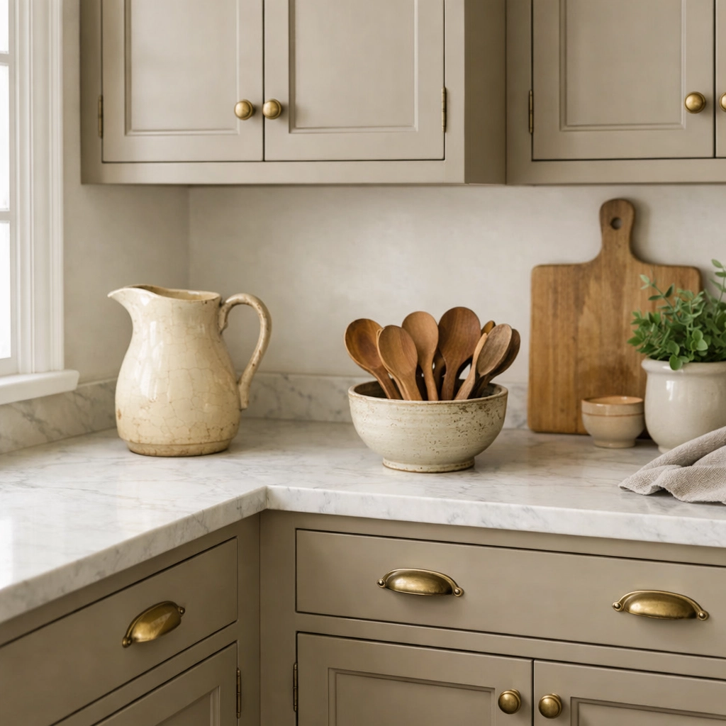 Warm mushroom-grey kitchen cabinet painting showcasing the cozy Grandmacore aesthetic for Atlanta homeowners.